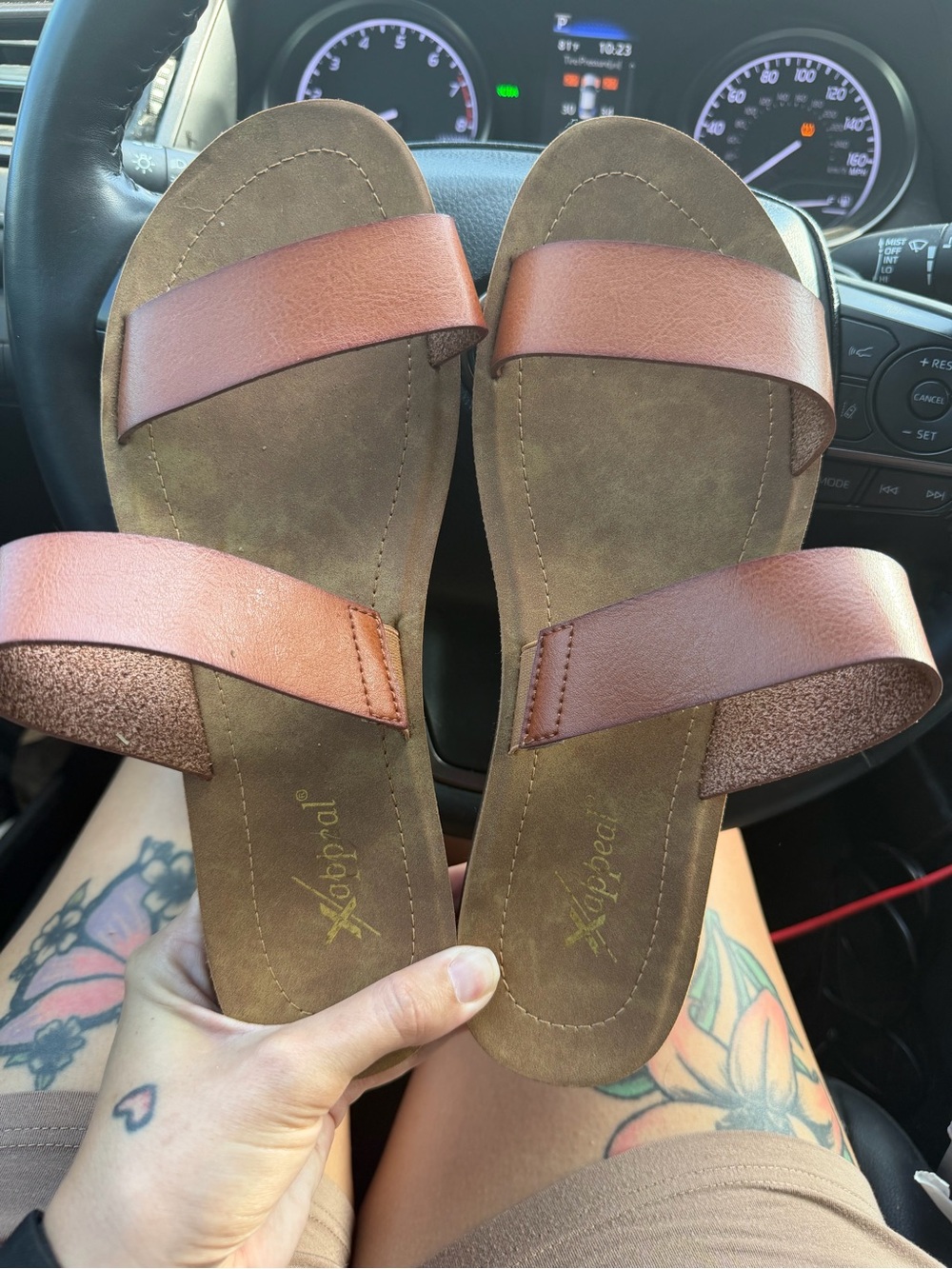Xappeal Two-Strap Slide Sandals in Brown and Tan